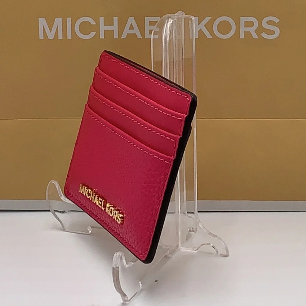 MICHAEL KORS Large Pebbled Leather Card Holder Case Electric Pink NWT